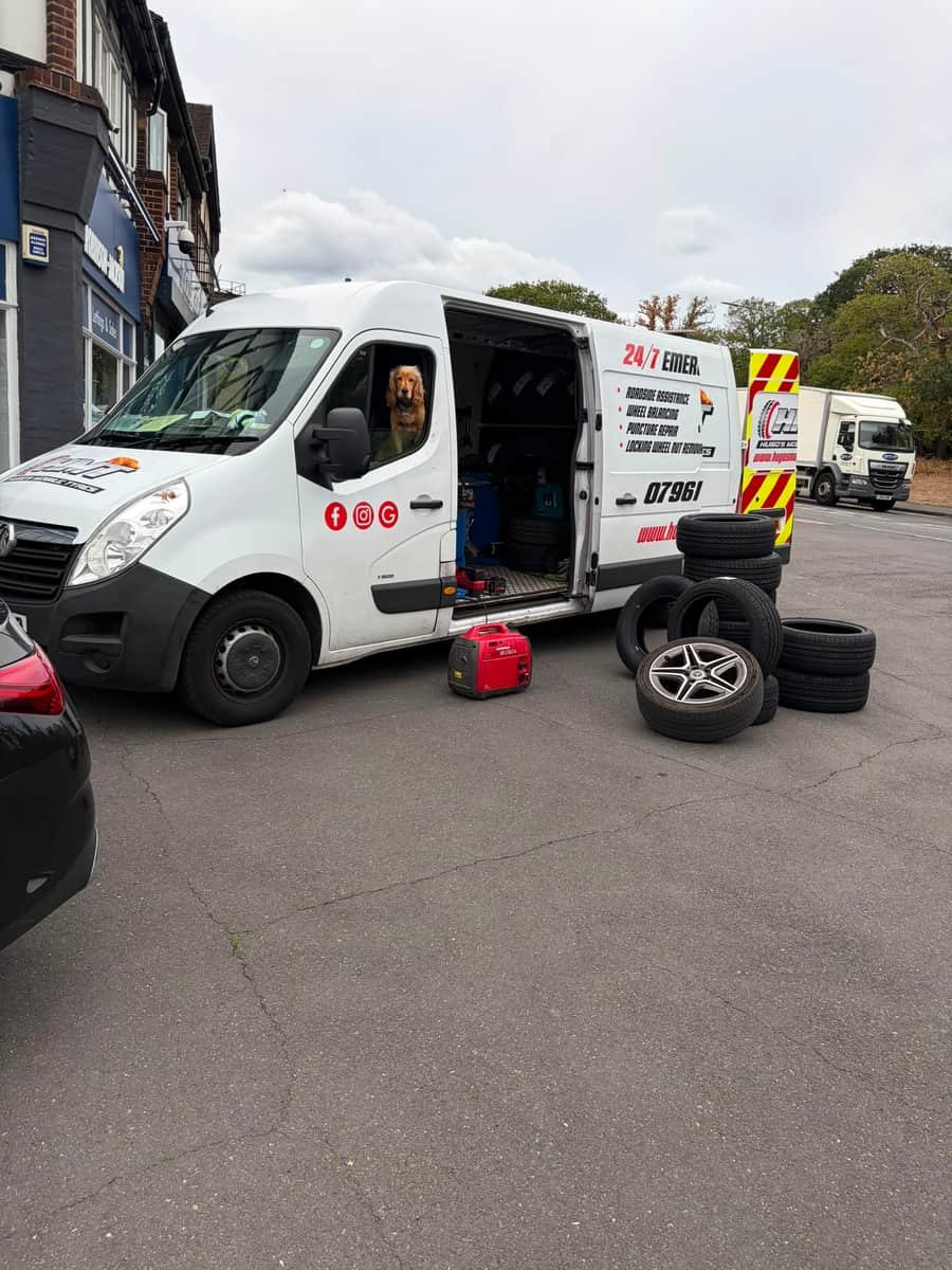 Hugo the cocker spaniel, Hugo's Mobile Tyres' mascot, riding along in the van cab on a job